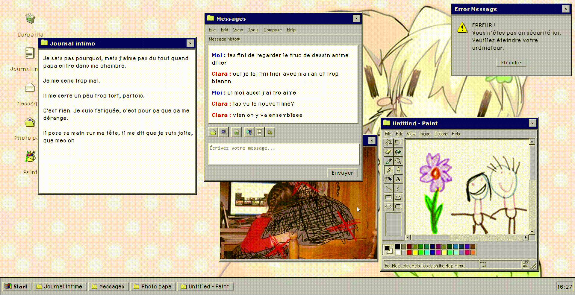 capture d'écran vidéo du site web Les violettes sous l'oreiller naviguant dans un os Windows 1998 en déplaçant plusieurs onglets sur le bureau.